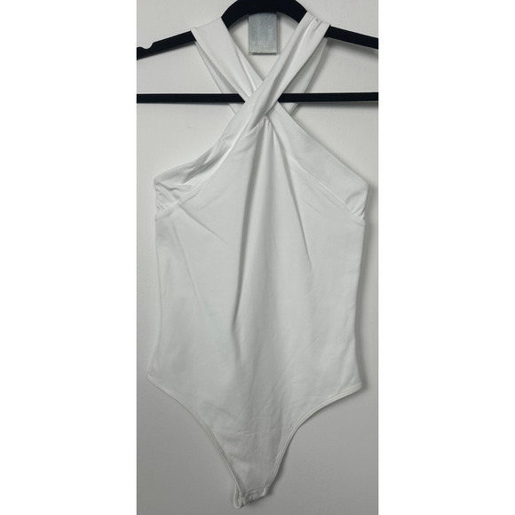 NWOT Babaton S Criss-Cross Contour Halterneck Stretch Bodysuit White Aritzia D6 - Picture 1 of 7